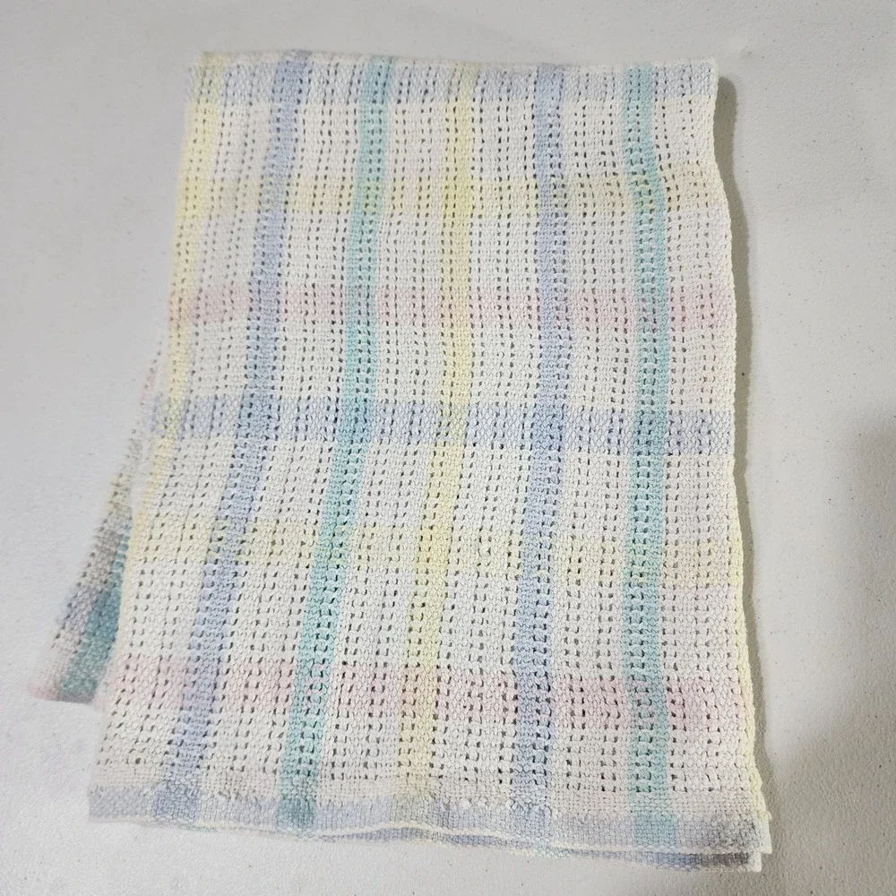 Vintage Pastel Plaid Cotton Waffle Knit Baby Blanket Blue Pink Yellow USA Made